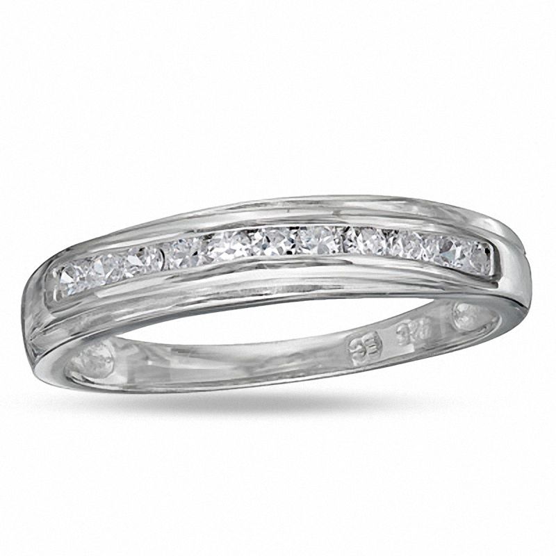 Cubic Zirconia Diagonal Channel Wedding Band in Sterling Silver - Size 8