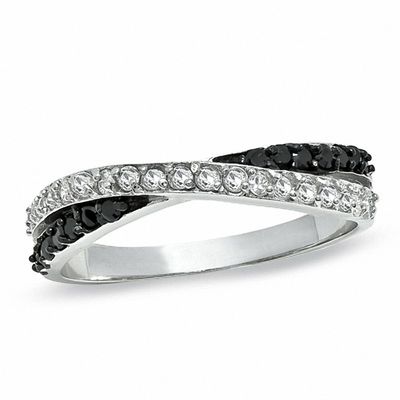 Black and White Cubic Zirconia Crossover Ring in Sterling Silver - Size 9
