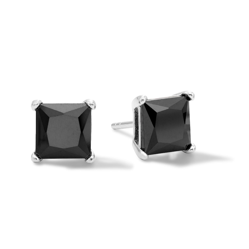 Solid Sterling Silver 6mm Princess-Cut Black CZ Solitaire Studs