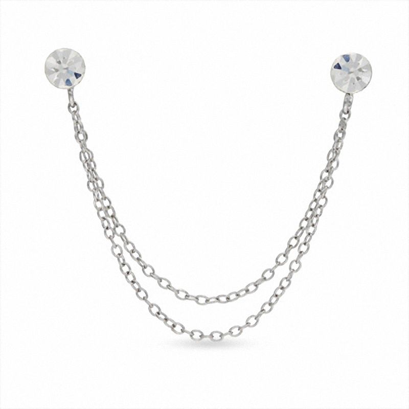 Crystal Stud Double Chain Single Earring in Sterling Silver