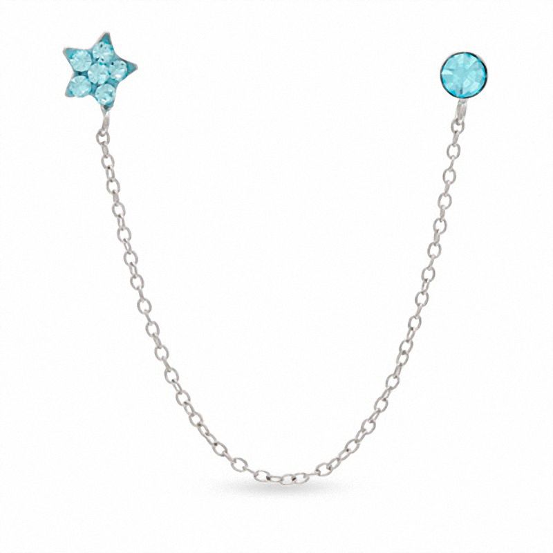 Blue Crystal Stud and Star Chain Single Earring in Sterling Silver
