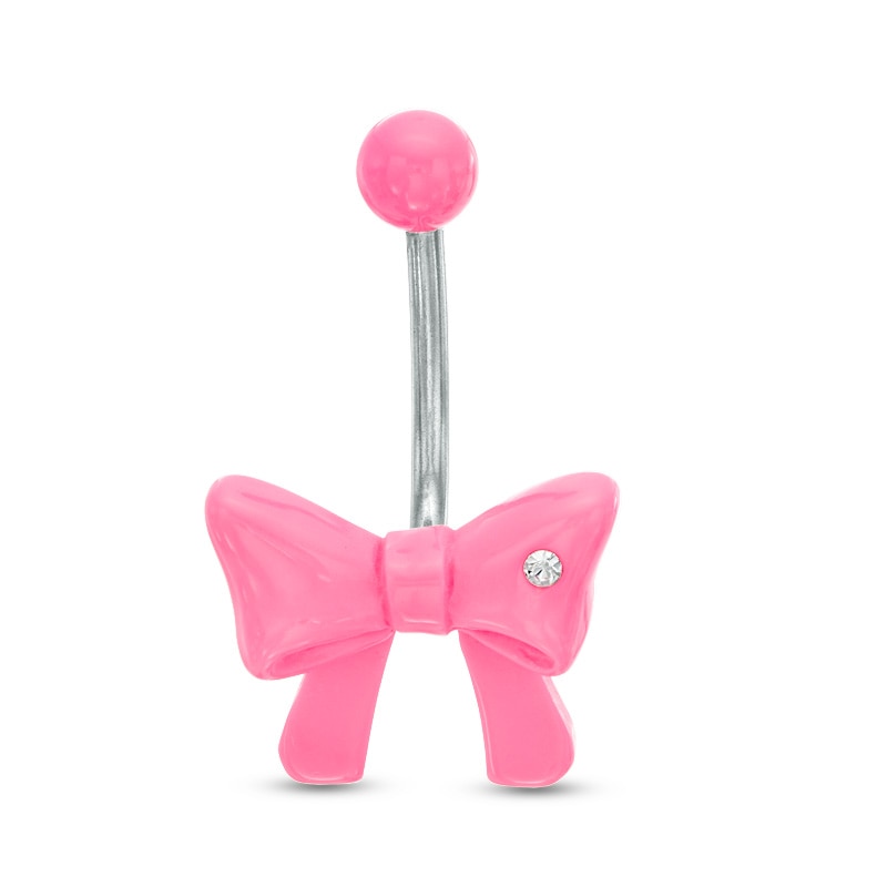 014 Gauge Pink Bow with Crystal Belly Button Ring in Stainless Steel