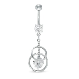 014 Gauge Cubic Zirconia Belly Button Ring with Double Circle Dangle in Solid Stainless Steel - 3/8&quot;
