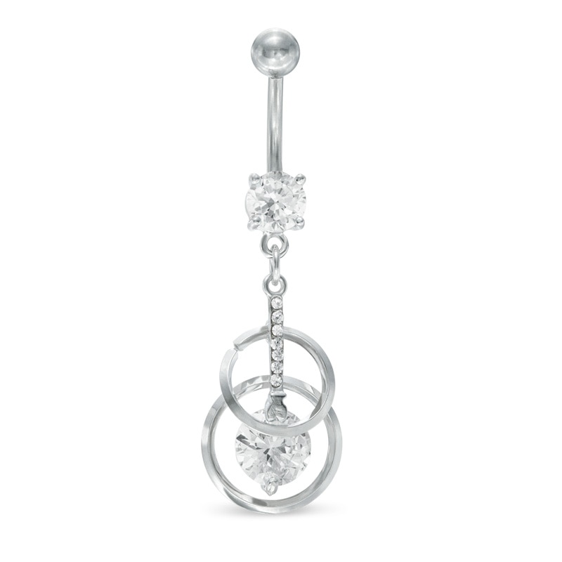 Stainless Steel CZ Double Circle Dangle Belly Button Ring - 14G 3/8"
