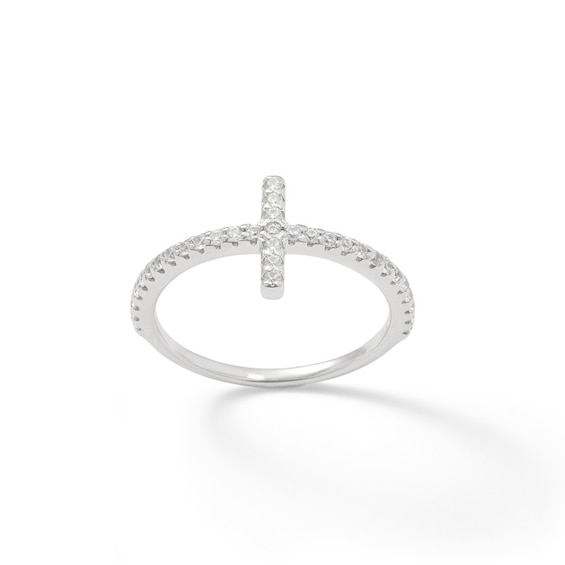 Cubic Zirconia Sideways Cross Ring in Sterling Silver