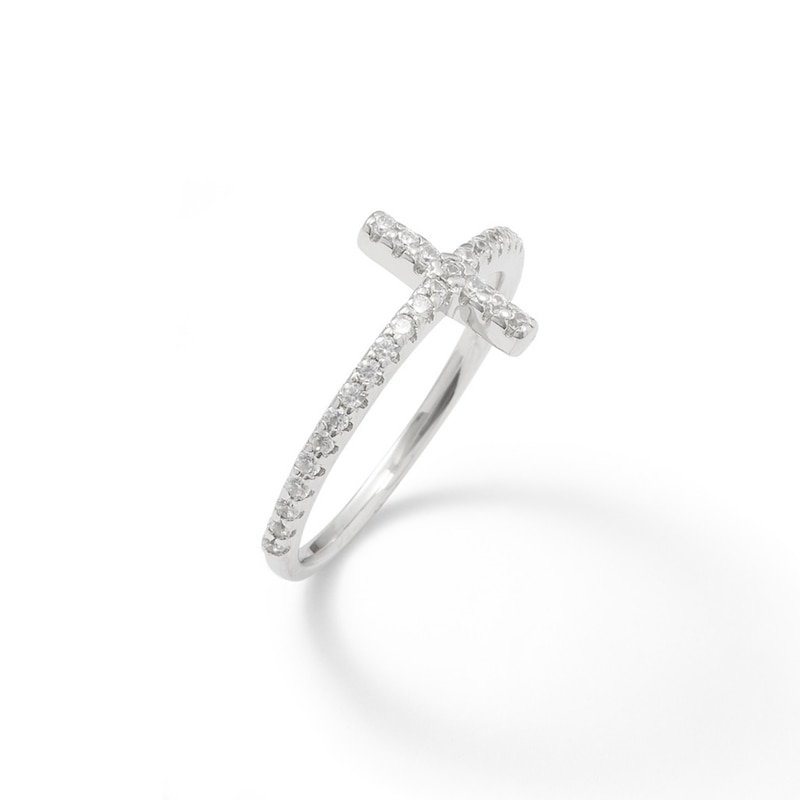 Cubic Zirconia Sideways Cross Ring in Sterling Silver