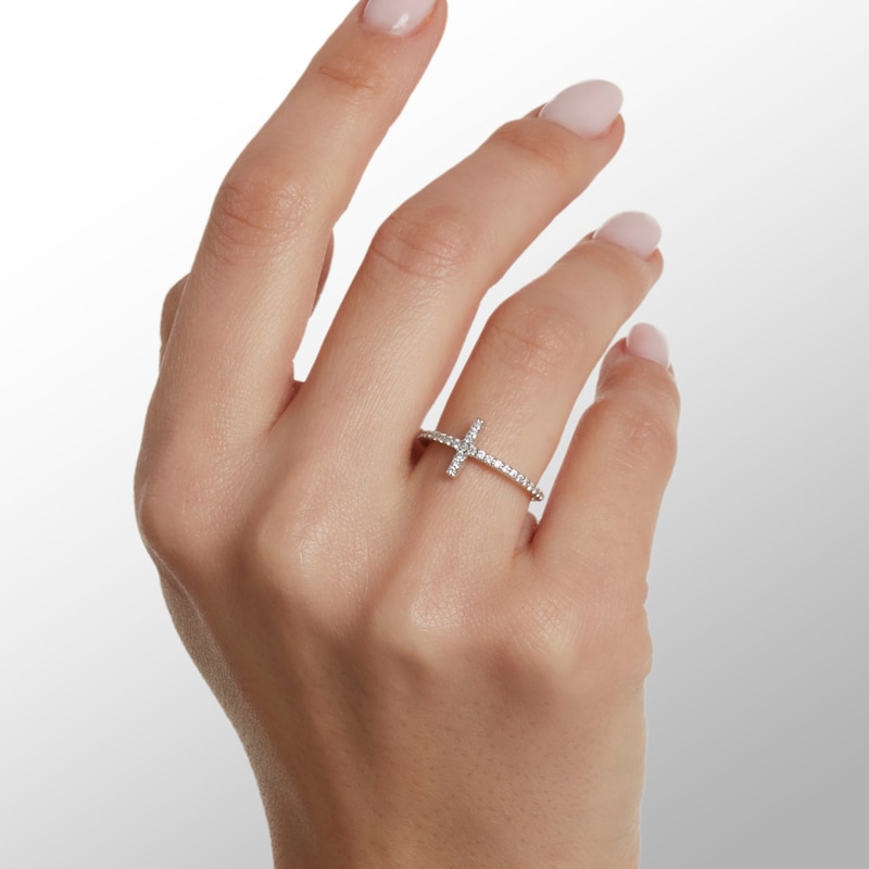 Cubic Zirconia Sideways Cross Ring in Sterling Silver