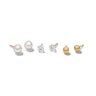10K Gold Simulated Pink Pearl, CZ, and Polished Ball Stud Set