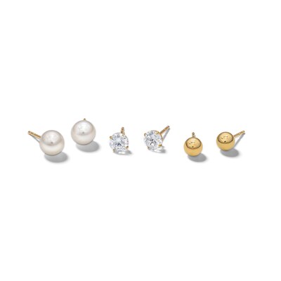 10K Gold Simulated Pink Pearl, CZ, and Polished Ball Stud Set