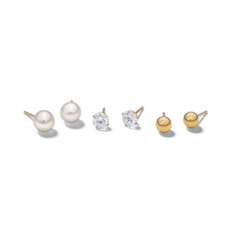 10K Gold Simulated Pink Pearl, CZ, and Polished Ball Stud Set
