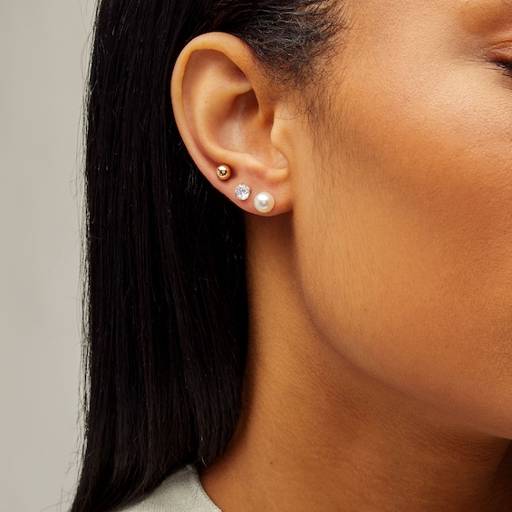 10K Gold Simulated Pink Pearl, CZ, and Polished Ball Stud Set