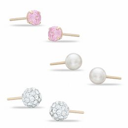 10K Gold Simulated Pearl, Pink CZ, and Simulated Crystal Ball Stud Set