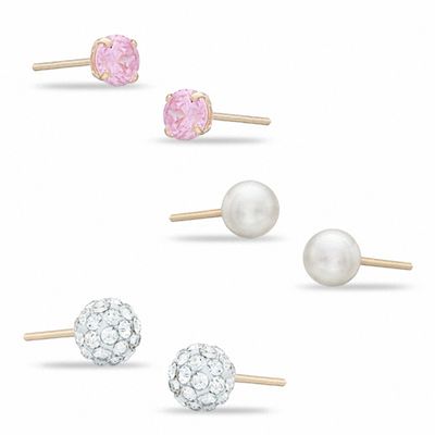 10K Gold Simulated Pearl, Pink CZ, and Simulated Crystal Ball Stud Set