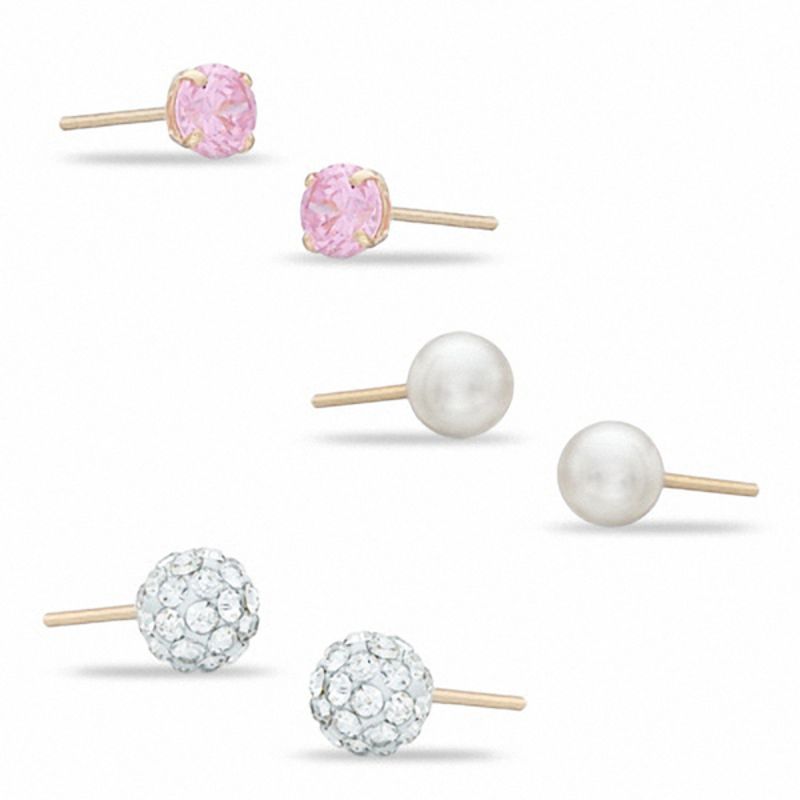 Main Image 1 of 10K Gold Simulated Pearl, Pink CZ, and Simulated Crystal Ball Stud Set