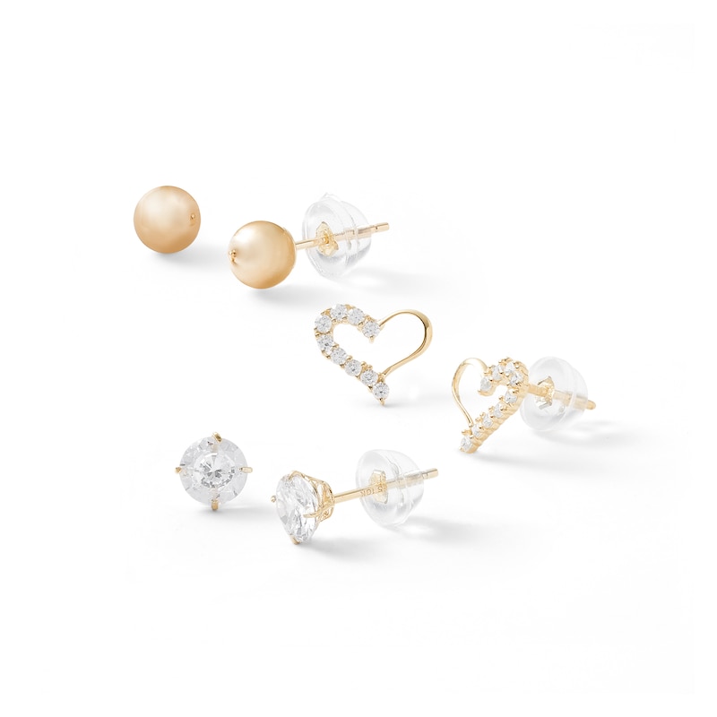 5mm Cubic Zirconia, Polished Ball and Heart Stud Earrings Set in 10K Gold