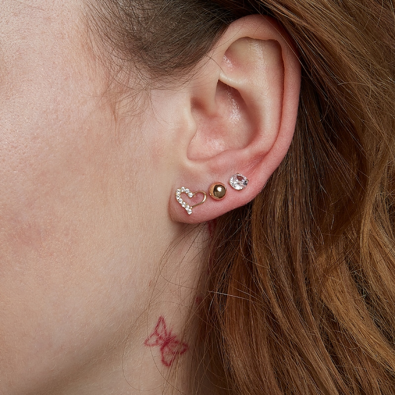 Main Image 3 of 5mm Cubic Zirconia, Polished Ball and Heart Stud Earrings Set in 10K Gold