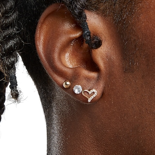 5mm Cubic Zirconia, Polished Ball and Heart Stud Earrings Set in 10K Gold