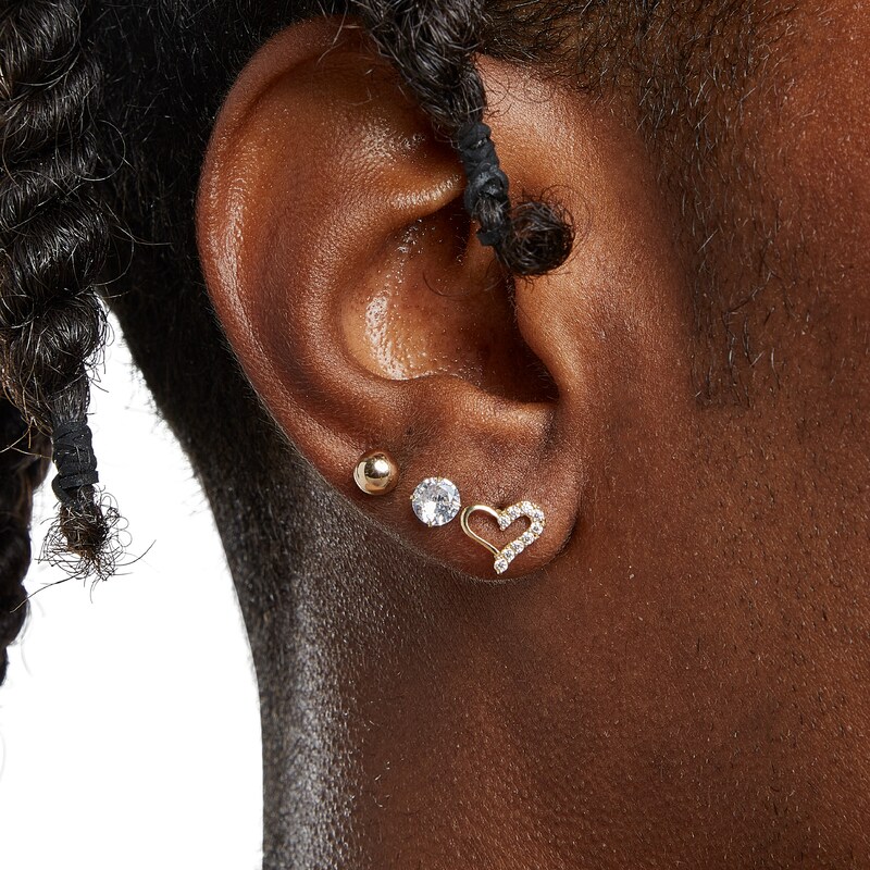 Main Image 4 of 5mm Cubic Zirconia, Polished Ball and Heart Stud Earrings Set in 10K Gold