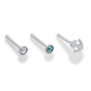 020 Gauge Nose Stud Set with Blue and White Crystal in Stainless Steel