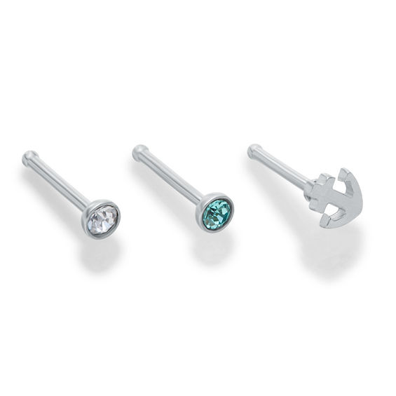 020 Gauge Nose Stud Set with Blue and White Crystal in Stainless Steel