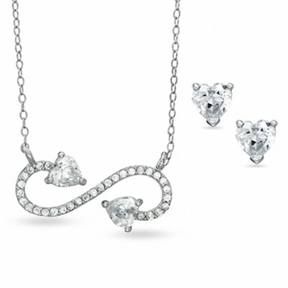 5mm Heart-Shaped Cubic Zirconia Stud Earrings and Sideways Infinity Necklace Set in Sterling Silver