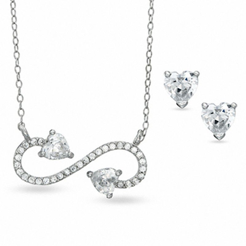 Main Image 1 of 5mm Heart-Shaped Cubic Zirconia Stud Earrings and Sideways Infinity Necklace Set in Sterling Silver