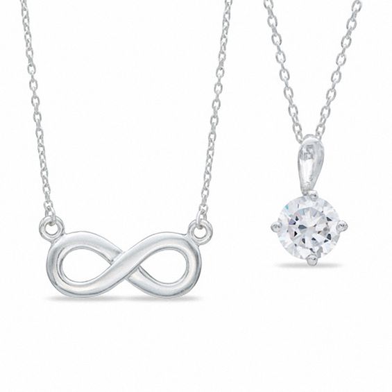 Cubic Zirconia Solitaire Pendant and Infinity Necklace Two Piece Set in Sterling Silver