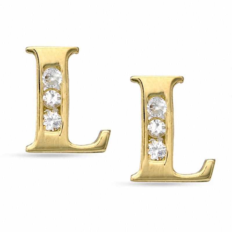 Cubic Zirconia Initial "L" Stud Earrings Set in 10K Gold