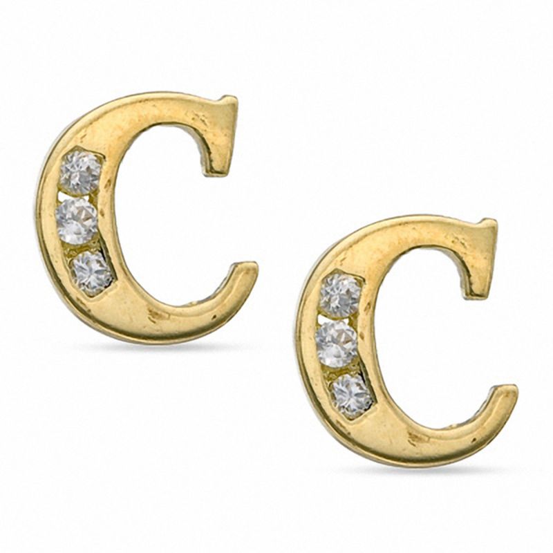 Cubic Zirconia Initial "C" Stud Earrings Set in 10K Gold