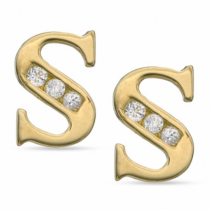 Cubic Zirconia Initial "S" Stud Earrings Set in 10K Gold