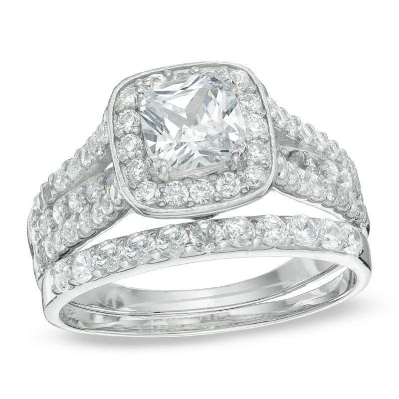6mm Cubic Zirconia Frame Bridal Set in Sterling Silver - Size 8