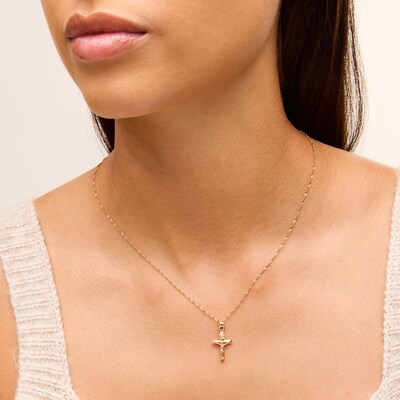Small "INRI" Ribbon Wrapped Crucifix Necklace Charm in 10K Stamp Hollow Gold