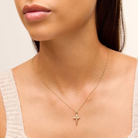 Small "INRI" Ribbon Wrapped Crucifix Necklace Charm in 10K Stamp Hollow Gold
