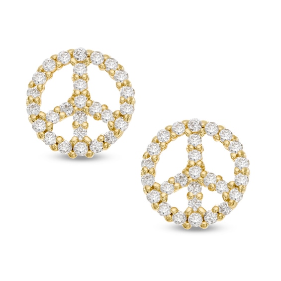 Cubic Zirconia Peace Sign Stud Earrings in 10K Gold