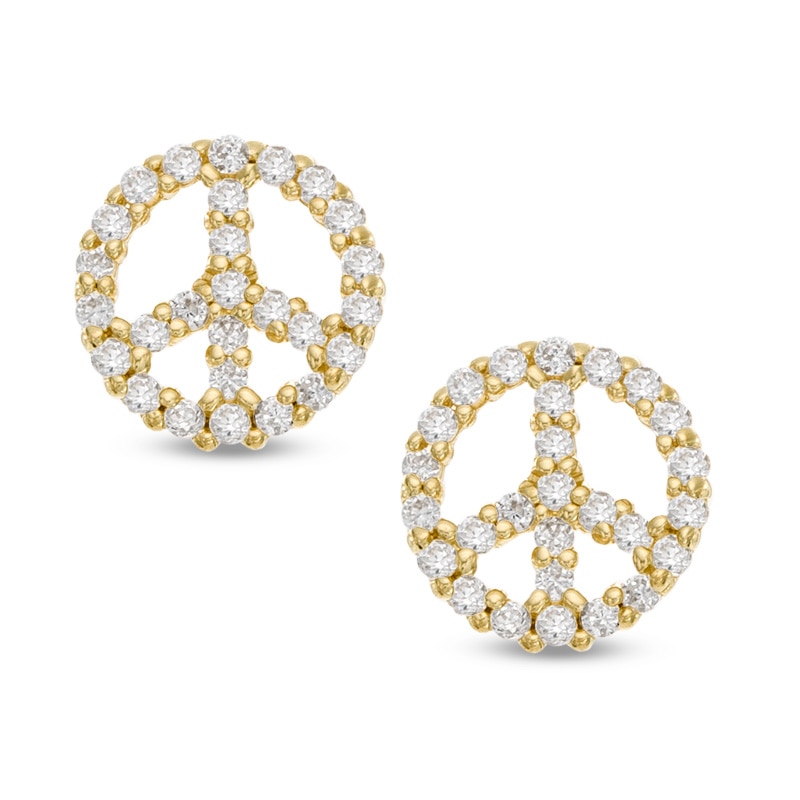 Cubic Zirconia Peace Sign Stud Earrings in 10K Gold