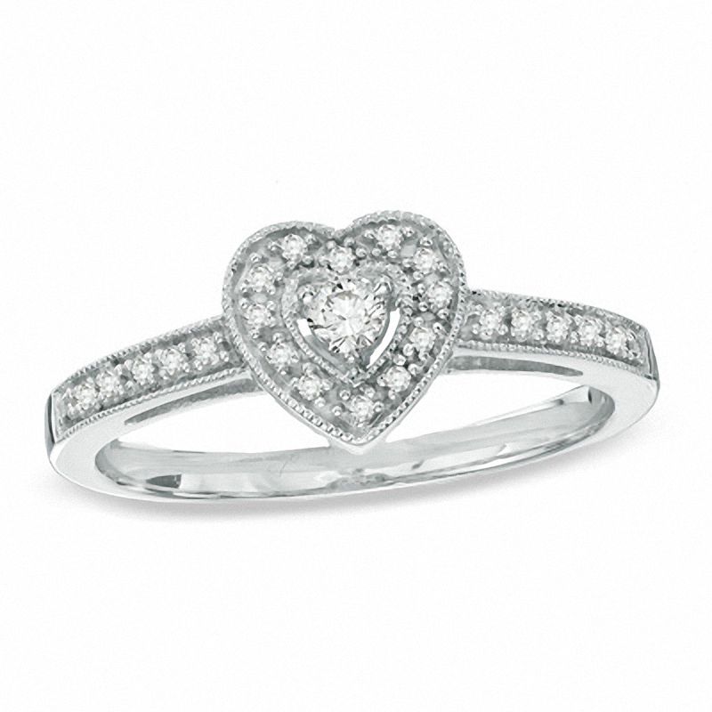 1/6 CT. T.W. Diamond Vintage-Style Heart Promise Ring in Sterling Silver - Size 7