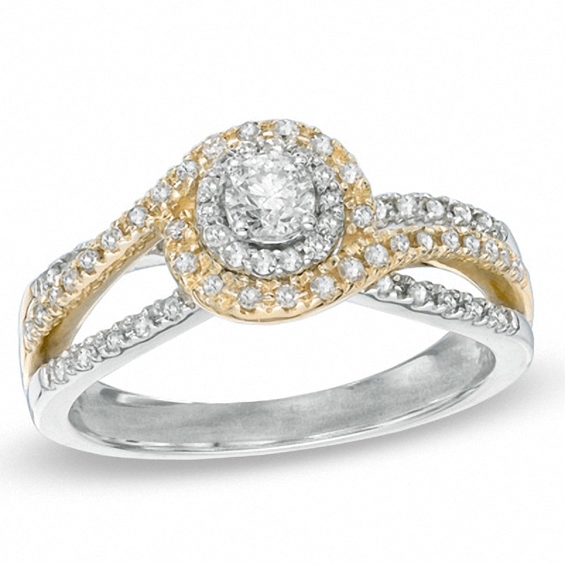 1/2 CT. T.W. Diamond Swirl Frame Engagement Ring in 10K Two-Tone Gold - Size 7