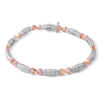 Solid Sterling Silver and 10K Plated Rose Gold 1/20 CT. T.W. Diamond Heart Bows Link Bracelet - 7.25"