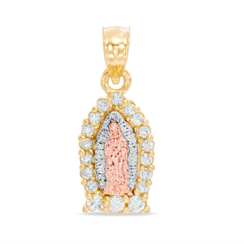 Cubic Zirconia Our Lady of Guadalupe Small Necklace Charm in 10K Solid Tri-Tone Gold