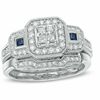 Thumbnail Image 0 of 1/2 CT. T.W. Princess-Cut Quad Diamond and Blue Sapphire Bridal Set in Platinaire® - Size 7