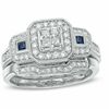 Thumbnail Image 1 of 1/2 CT. T.W. Princess-Cut Quad Diamond and Blue Sapphire Bridal Set in Platinaire® - Size 7