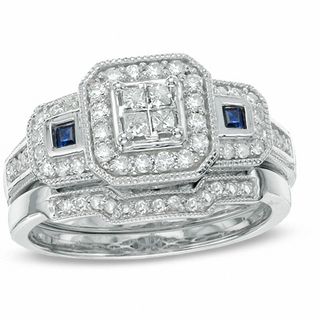 1/2 CT. T.W. Princess-Cut Quad Diamond and Blue Sapphire Bridal Set in Platinaire® - Size 7