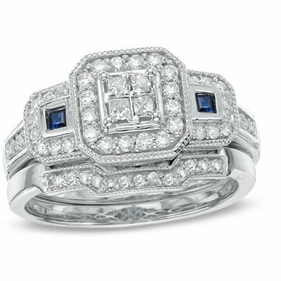 1/2 CT. T.W. Princess-Cut Quad Diamond and Blue Sapphire Bridal Set in Platinaire® - Size 7