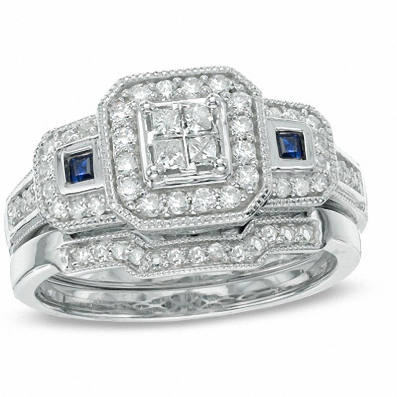 1/2 CT. T.W. Princess-Cut Quad Diamond and Blue Sapphire Bridal Set in Platinaire® - Size 7
