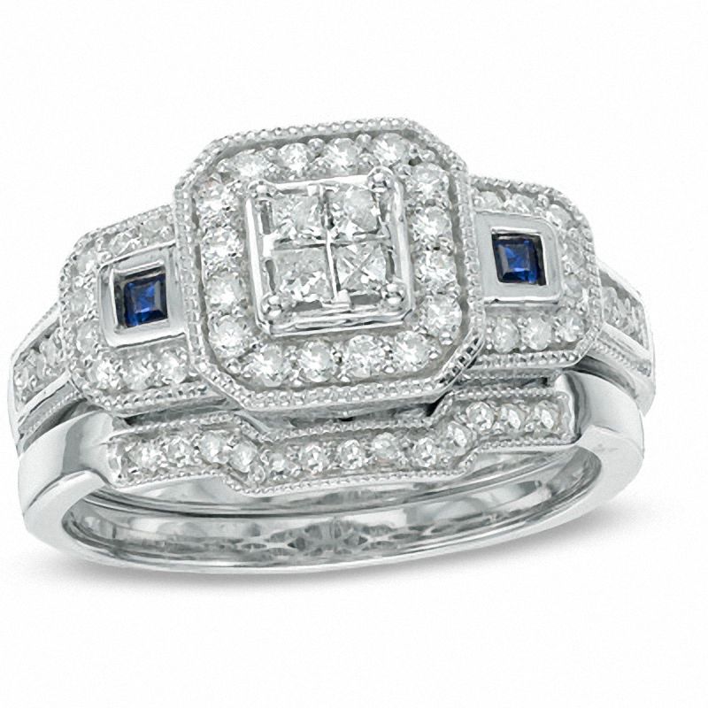 Main Image 1 of 1/2 CT. T.W. Princess-Cut Quad Diamond and Blue Sapphire Bridal Set in Platinaire® - Size 7