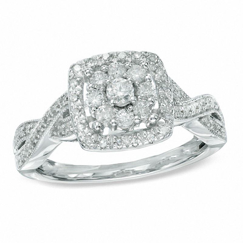 1/2 CT. T.W. Diamond Cluster Square Frame Engagement Ring in Platinaire® - Size 7
