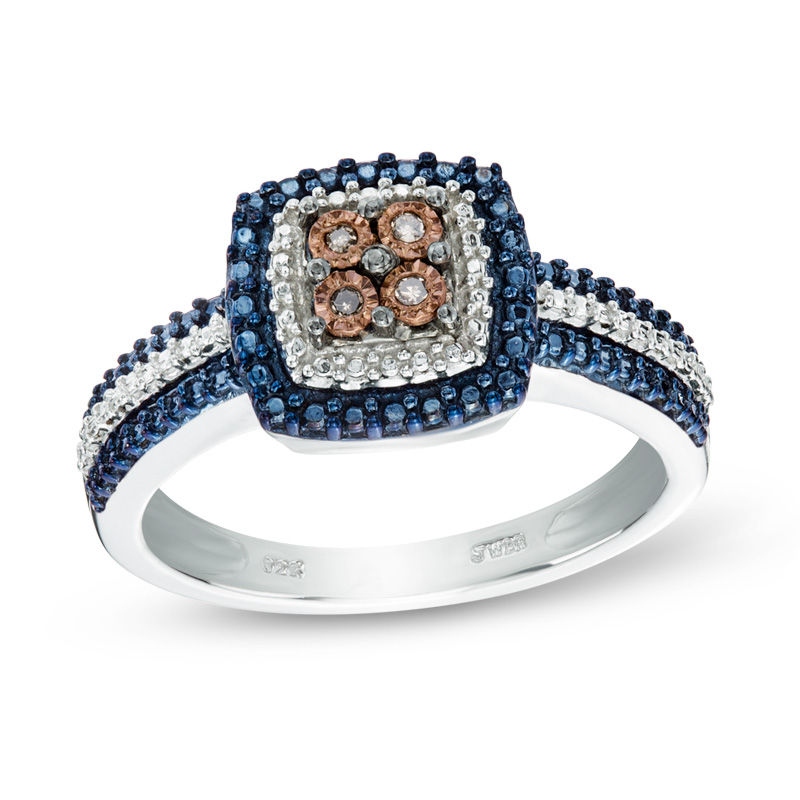 Champagne Quad Diamond Accent Double Frame Ring in Sterling Silver with Blue and Black Rhodium - Size 7