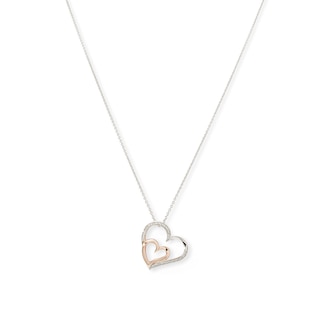 Diamond Accent Tilted Double Heart Pendant in Sterling Silver and 14K Rose Gold Plate
