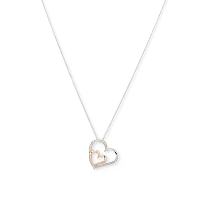 Diamond Accent Tilted Double Heart Pendant in Sterling Silver and 14K Rose Gold Plate