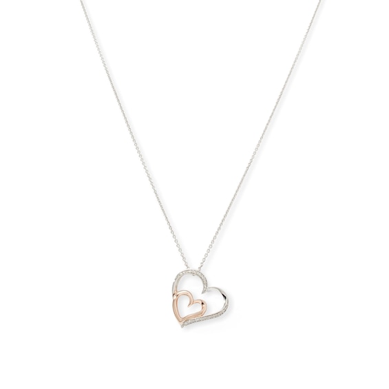 Diamond Accent Tilted Double Heart Pendant in Sterling Silver and 14K Rose Gold Plate